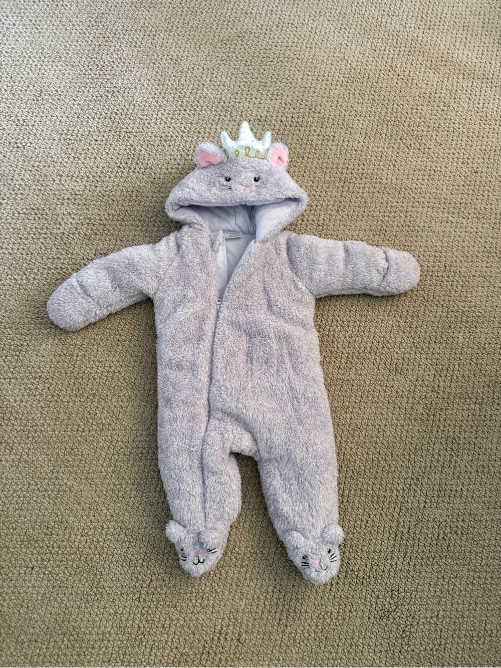 Plush Gray/purple cat Hooded Baby One-Piece